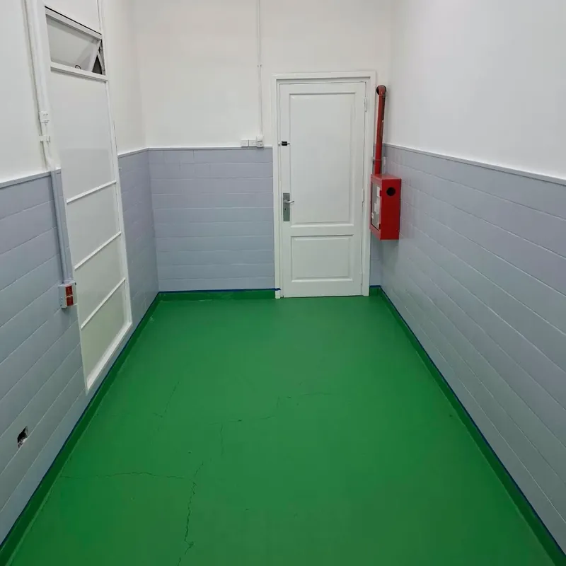 Pasillo con piso pintado de verde, revestimiento gris y paredes blancas